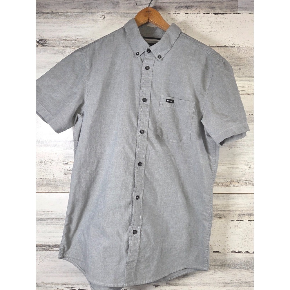 RVCA Button Down Shirt Mens Medium Gray Slim Fit Short Sleeve Casual Oxford